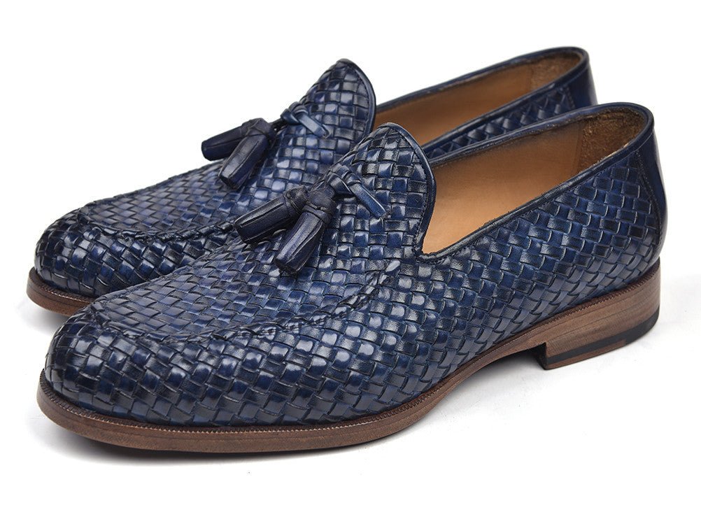 Paul Parkman Men's Woven Leather Tassel Loafers in Navy