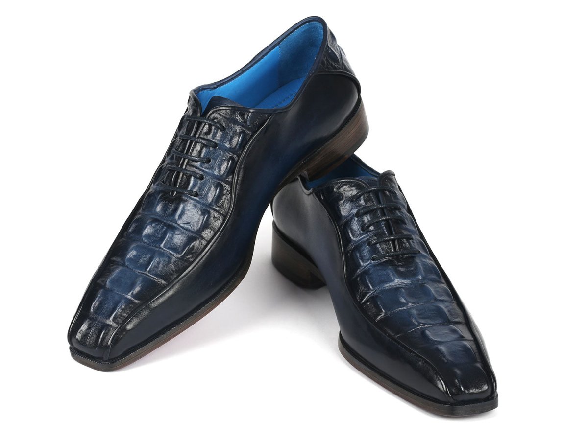 Paul Parkman Navy Croco Textured Leather Bicycle Toe Oxfords (ID94 214)