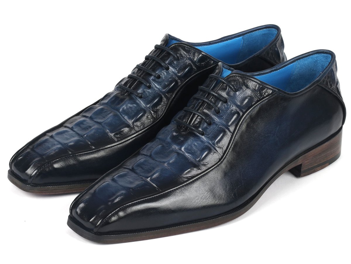Paul Parkman Navy Croco Textured Leather Bicycle Toe Oxfords (ID94 214)