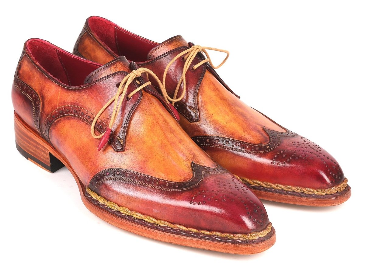 Paul Parkman Norwegian Welted Wingtip Derby Shoes in Red and Camel