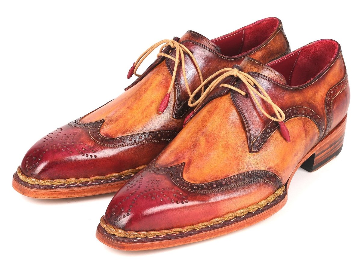 Paul Parkman Norwegian Welted Wingtip Derby Shoes in Red and Camel