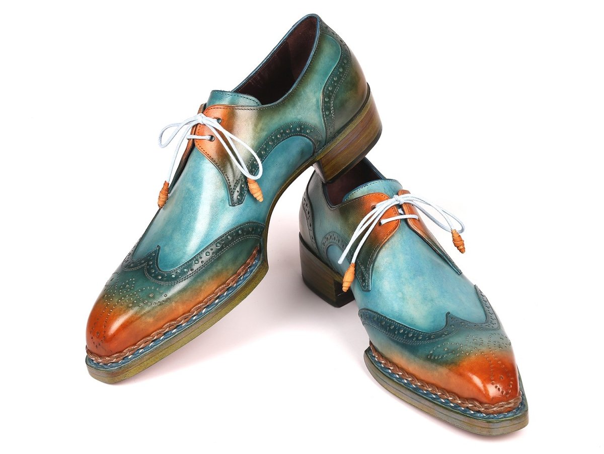 Paul Parkman Norwegian Welted Wingtip Derby Shoes in Turquoise and Tobacco