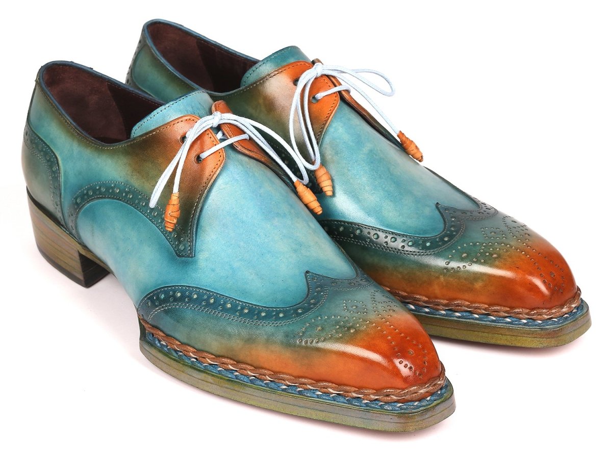 Paul Parkman Norwegian Welted Wingtip Derby Shoes in Turquoise and Tobacco