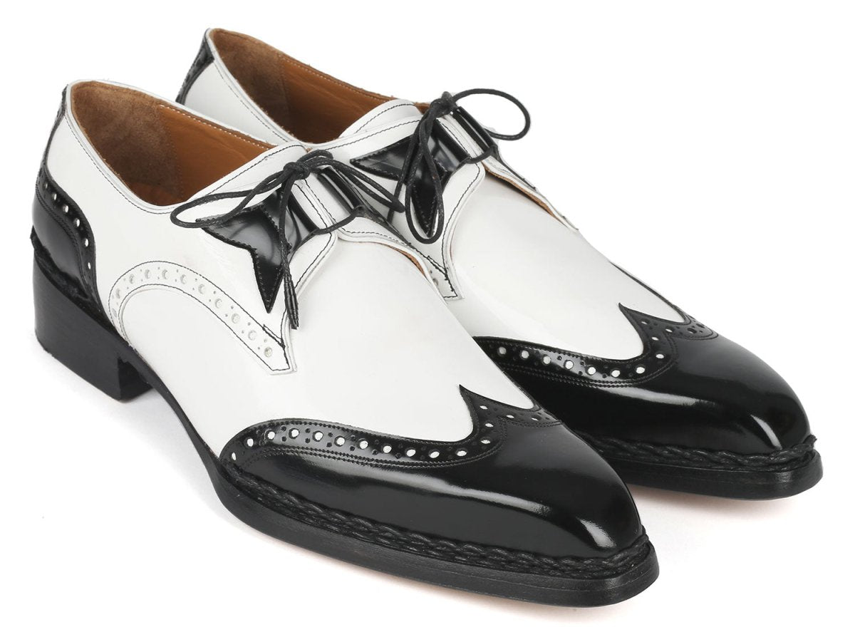 Paul Parkman Norwegian Welted Wingtip Men's Black and White Leather Custom Made Dress Shoes