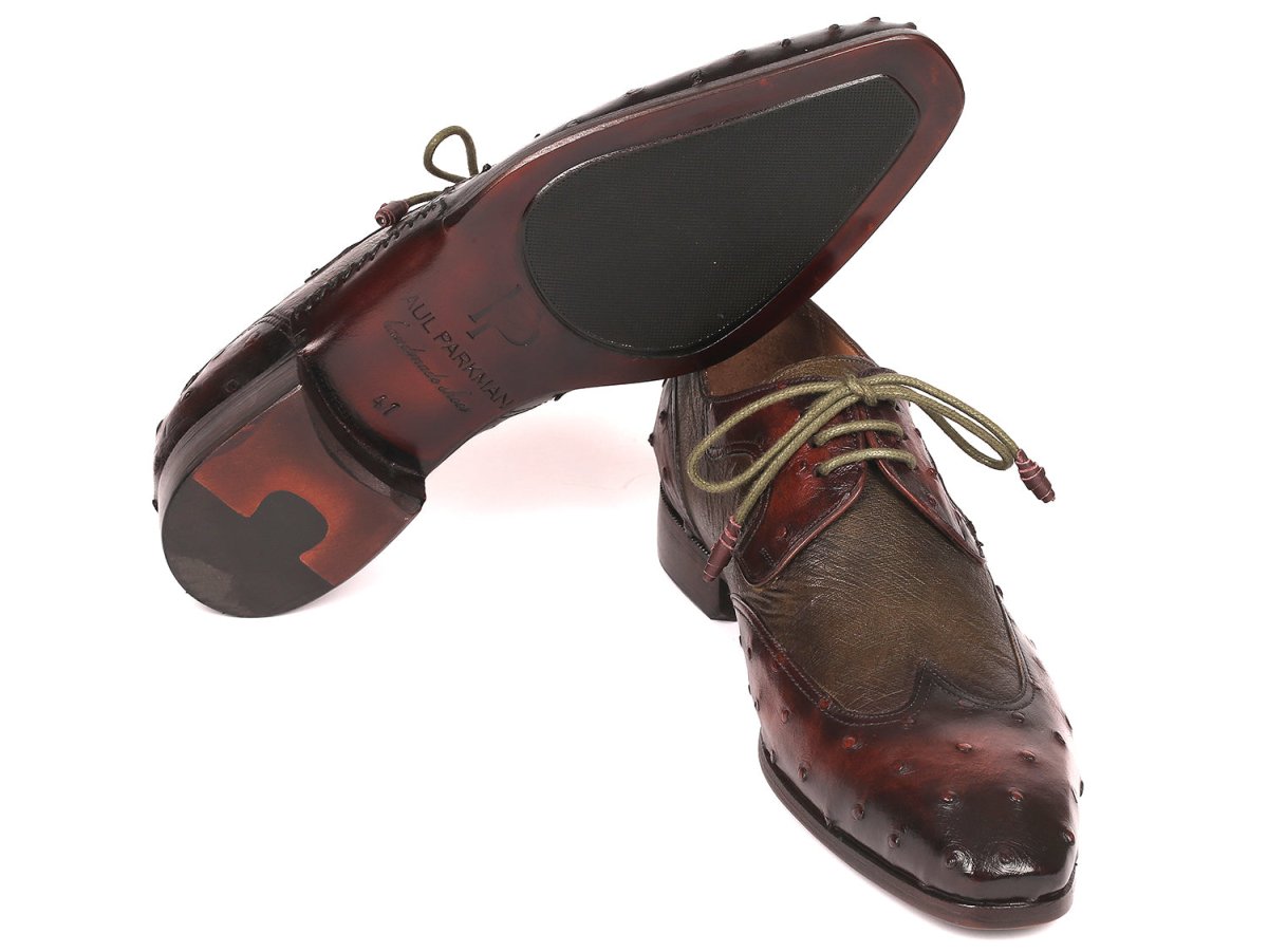 Paul Parkman Ostrich Skin Wingtip Derby Shoes Brown and Green (ID844H389)