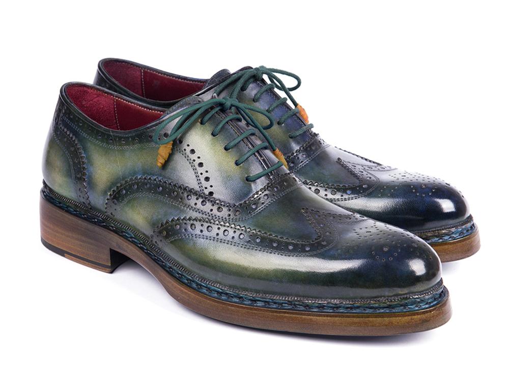 Paul Parkman Triple Leather Sole Wingtip Brogues in Green and Blue