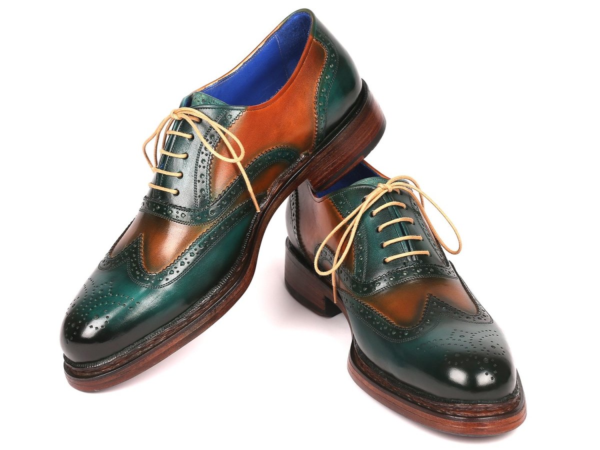 Paul Parkman Wingtip Oxfords Goodyear Welted in Green and Tobacco