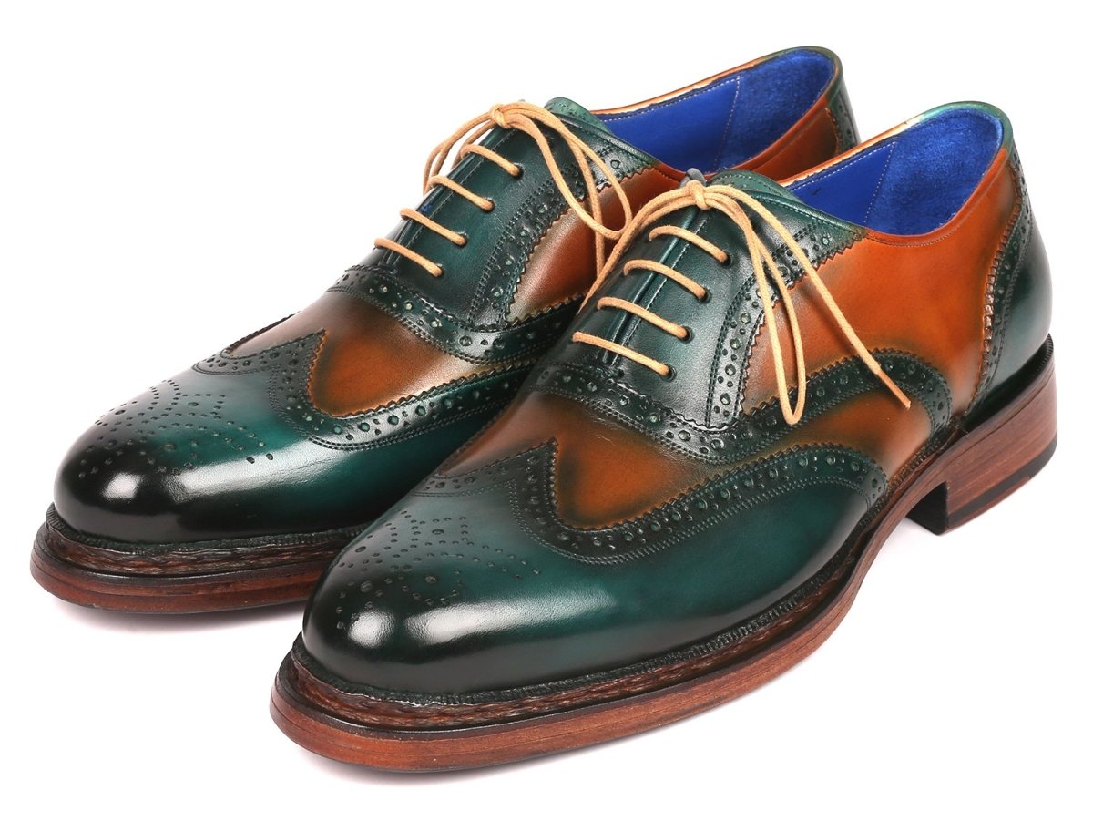 Paul Parkman Wingtip Oxfords Goodyear Welted in Green and Tobacco
