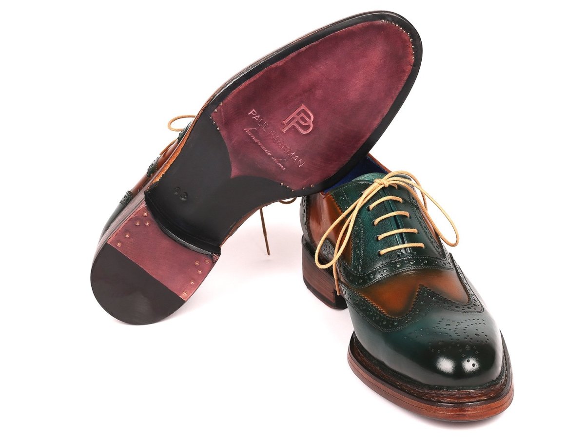 Paul Parkman Wingtip Oxfords Goodyear Welted in Green and Tobacco