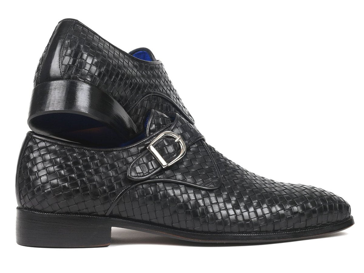 Paul Parkman Woven Leather Single Monkstraps in Black