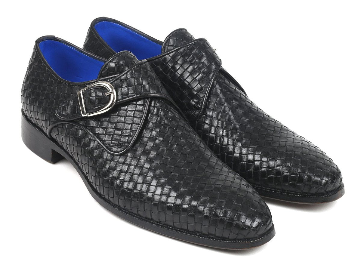 Paul Parkman Woven Leather Single Monkstraps in Black