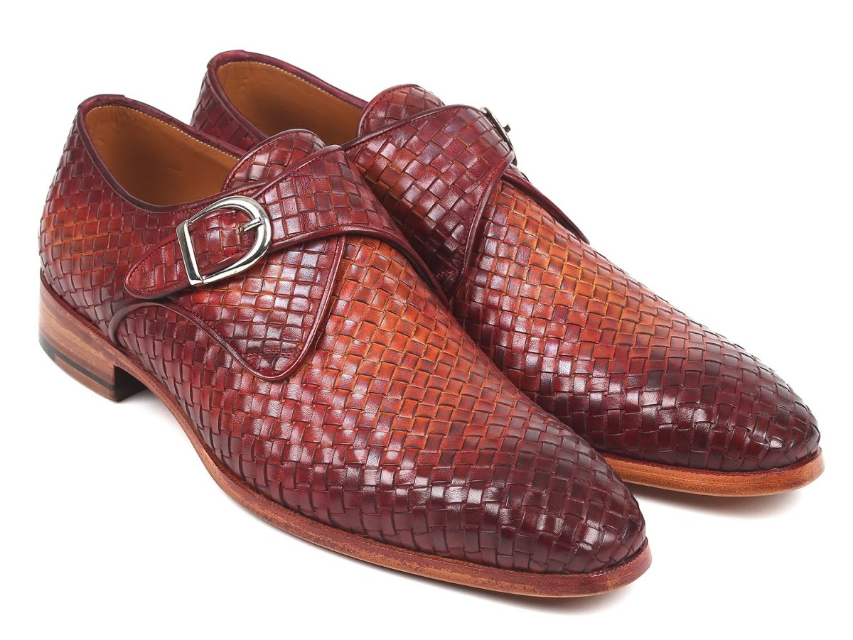 Paul Parkman Woven Leather Single Monkstraps in Reddish Brown