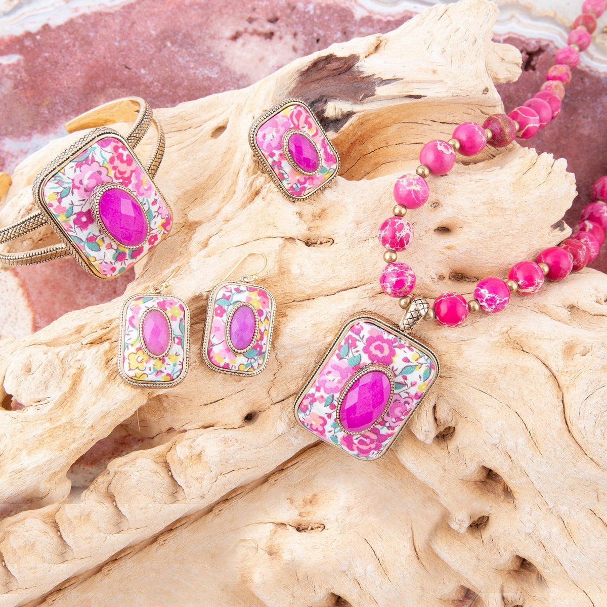Pink Agate Stacked Stone Floral Pendant Necklace