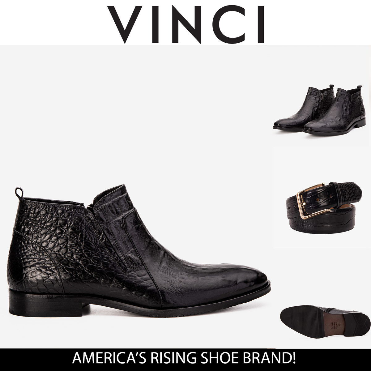 Vinci Leather The Randor Black Croc-Embossed Calf Leather Side-Zip Dress Ankle Men Boot – product view 6