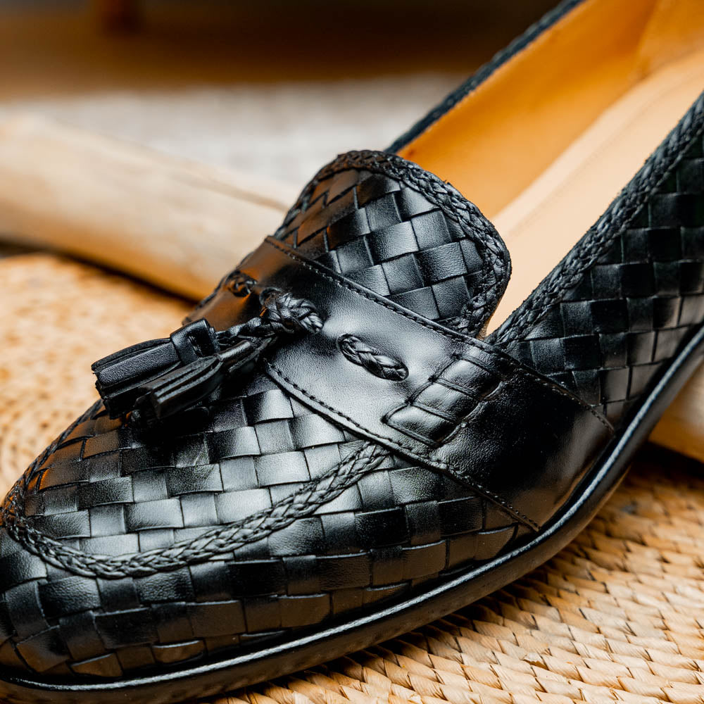 Zelli Italia 15-250-BLK RIVIERA Basketweave Calfskin Tassel Loafer, Black View 11
