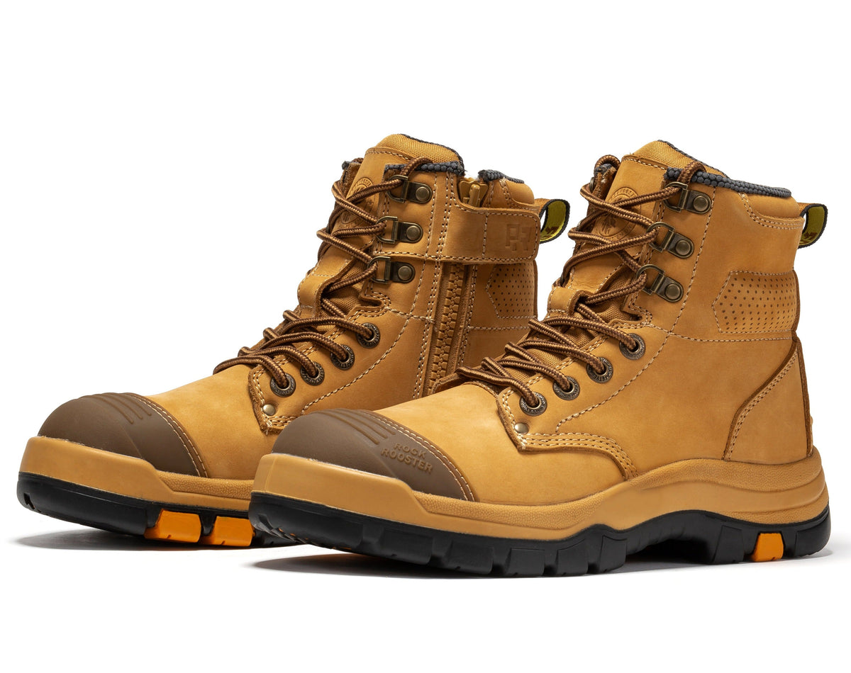 ROCKROOSTER Madison Tan 6 inch Zip-sided Steel Toe Leather Work Boots AK052 – side view
