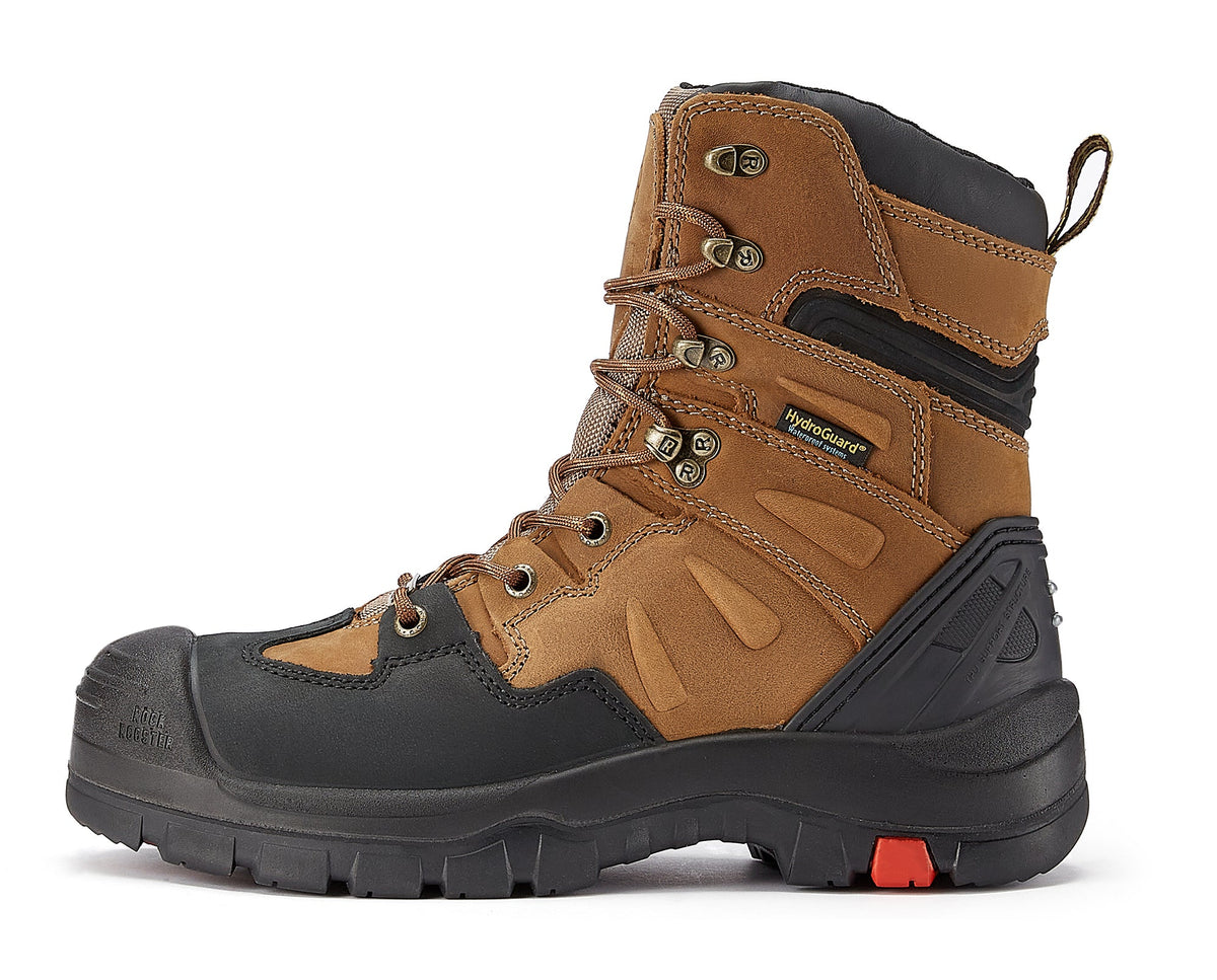 ROCKROOSTER Woodland Men's 8 inch Brown Work Boots, Composite Toe, Slip Resistant, Electrical Hazard Protection, Rubber