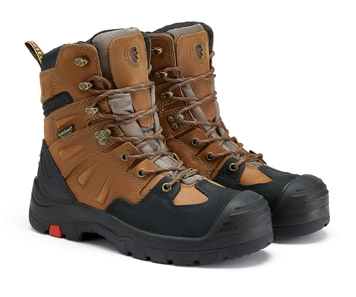 ROCKROOSTER Woodland Men's 8 inch Brown Work Boots, Composite Toe, Slip Resistant, Electrical Hazard Protection, Rubber