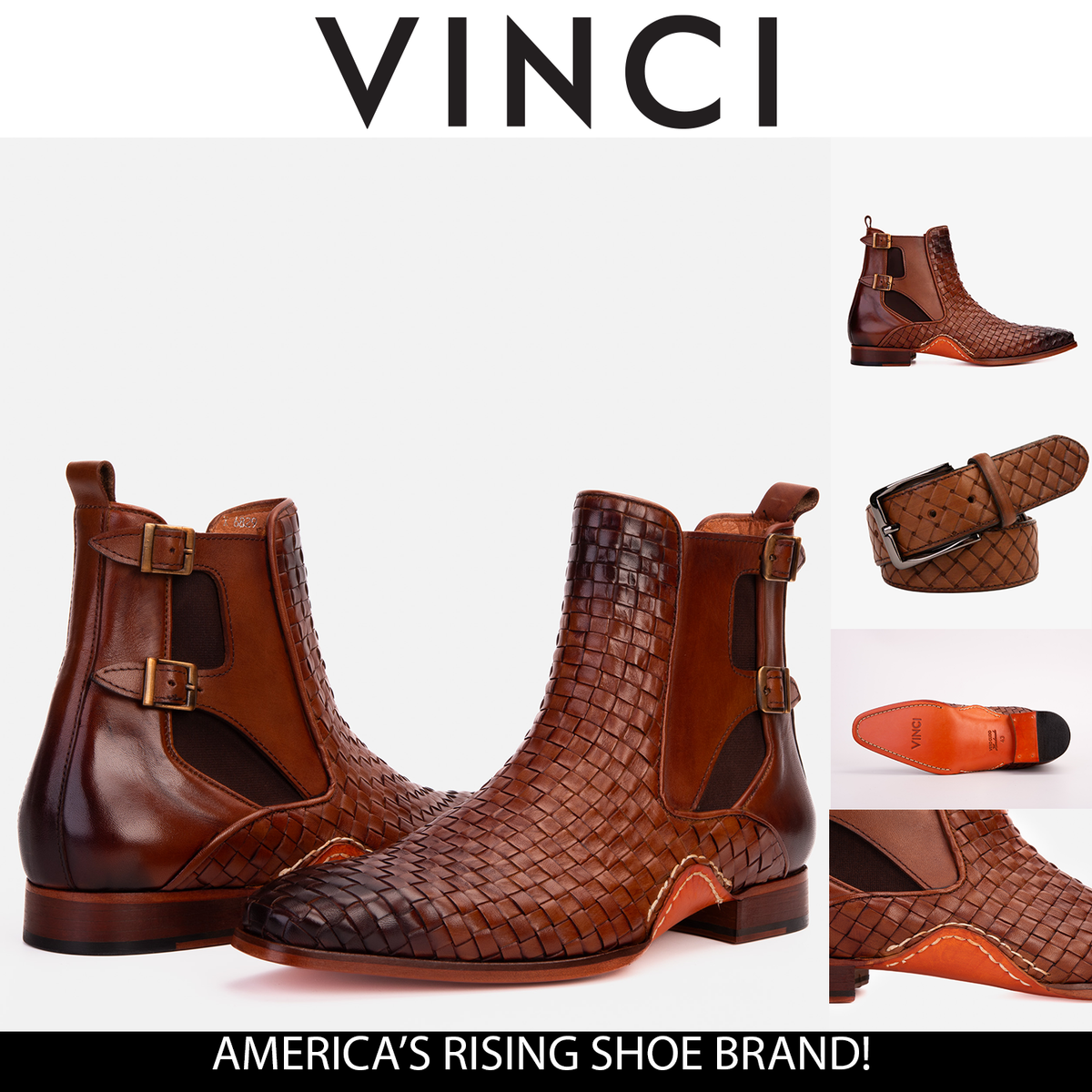 Vinci Leather The Rolls Boot Woven Tan Leather Double Monk Strap Handmade Men Shoe – product view 4