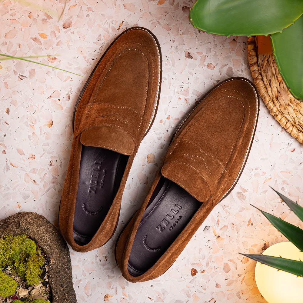 Zelli Italia Men's 16-657-TOB ROMA Italian Suede Penny Loafers Tobacco
