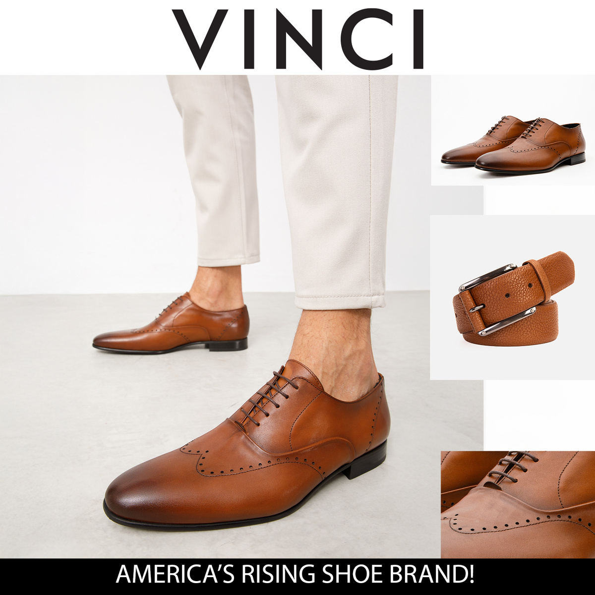 Vinci Leather The Roma Tan Leather Wingtip Oxford Men Shoe – product view 6