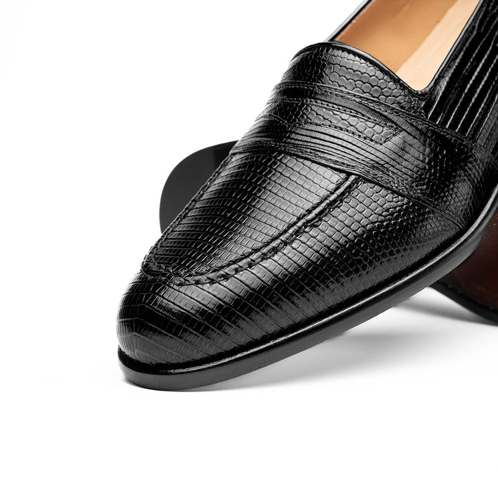 Zelli Italia 14-202-BLK ROSSI Teju Lizard Penny Loafer, Black Angled View