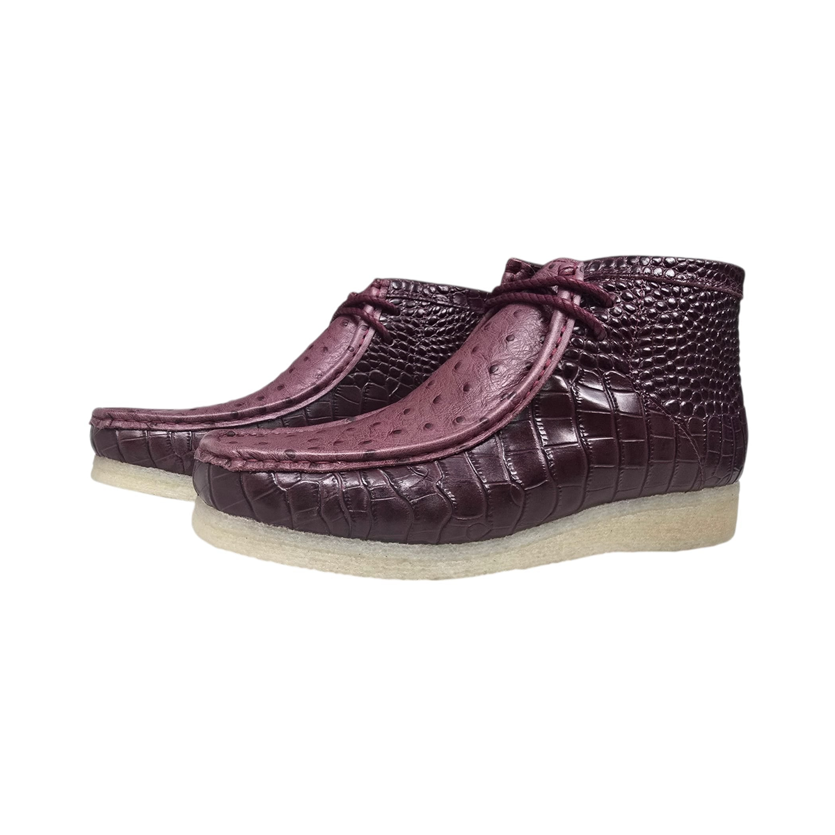 British Walkers Walker Royal Gator chukka boots in burgundy, pair from the front and side