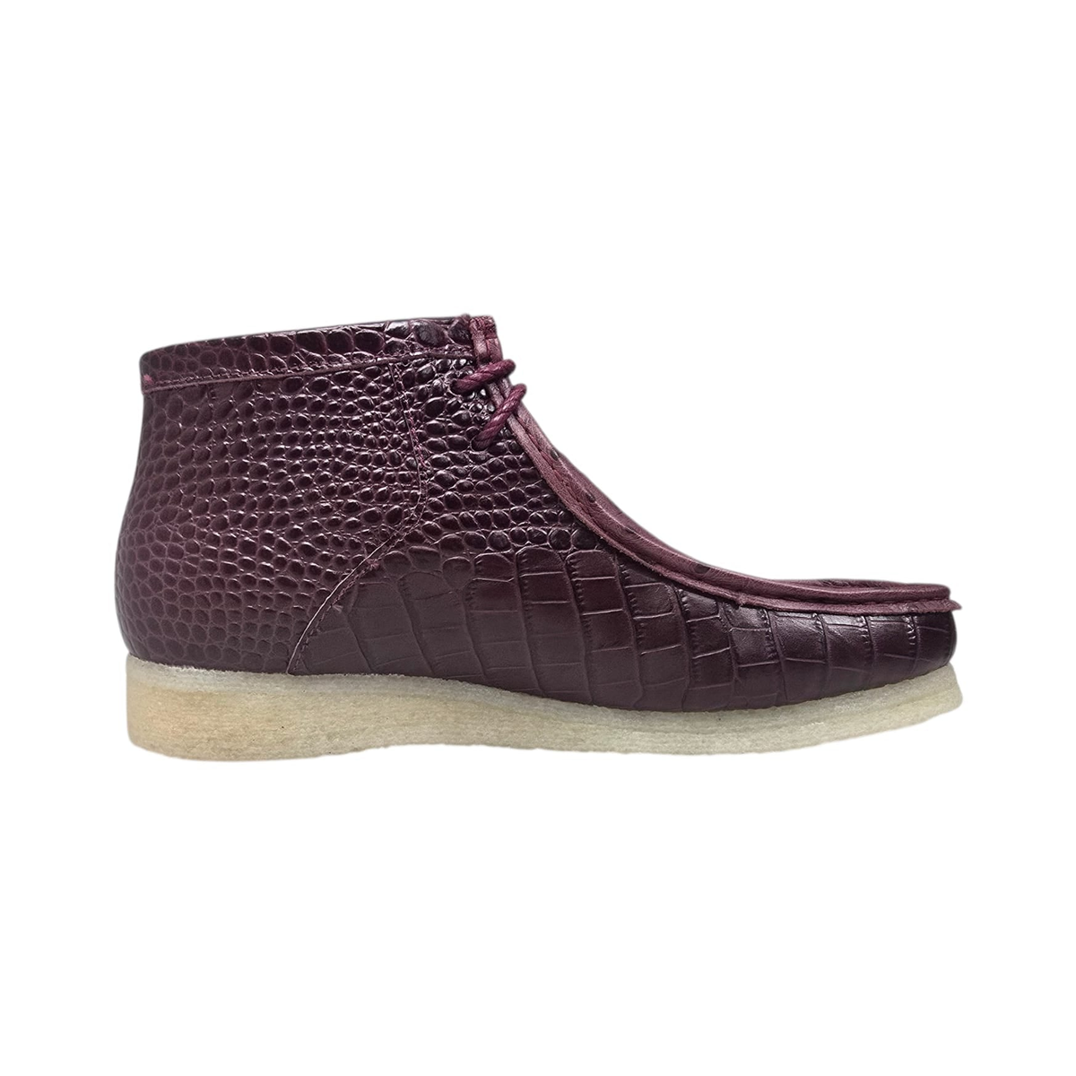 British Walkers Walker Royal Gator chukka boots in burgundy, side profile with toe facing right