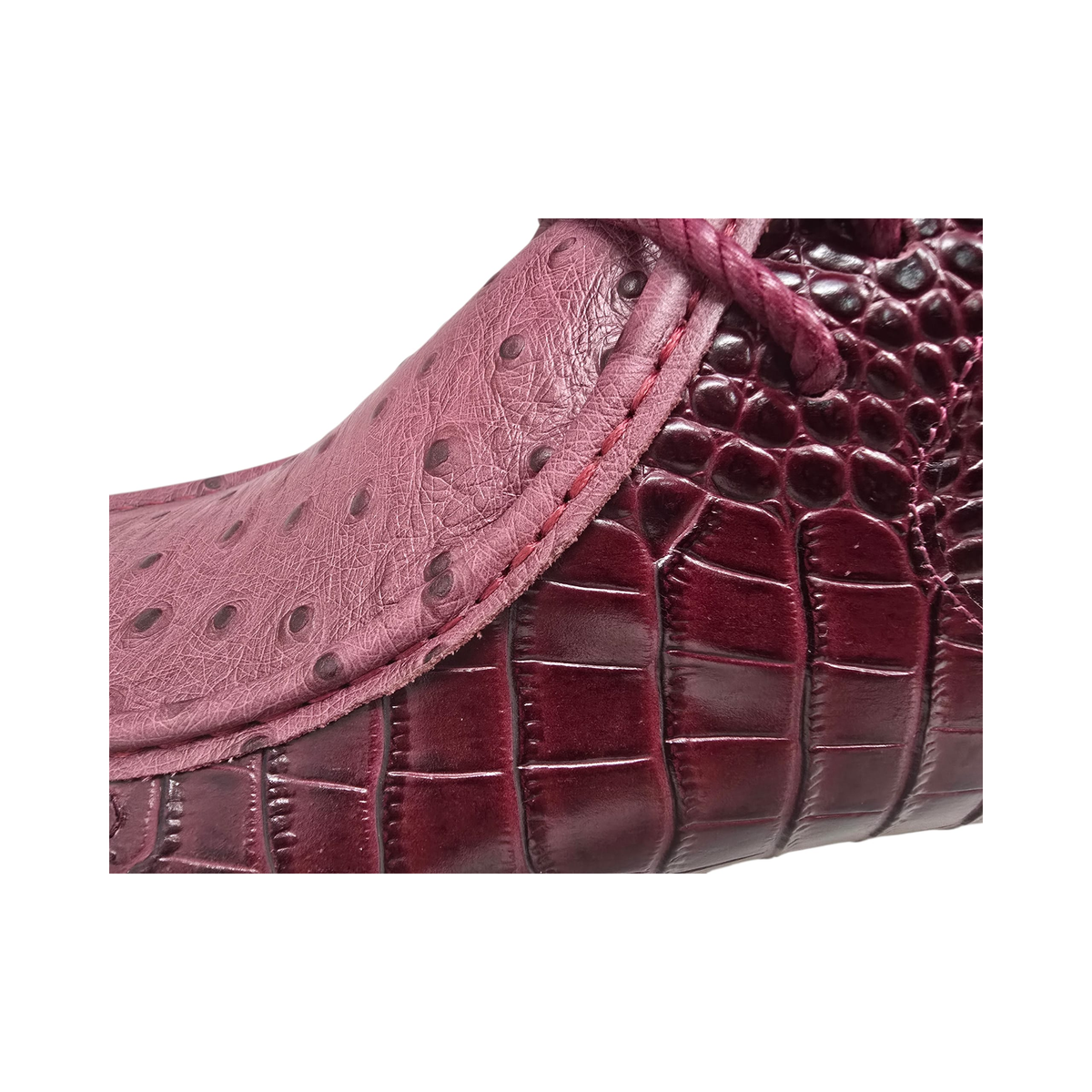 British Walkers Walker Royal Gator chukka boots in burgundy, textured panels and stitching close-up