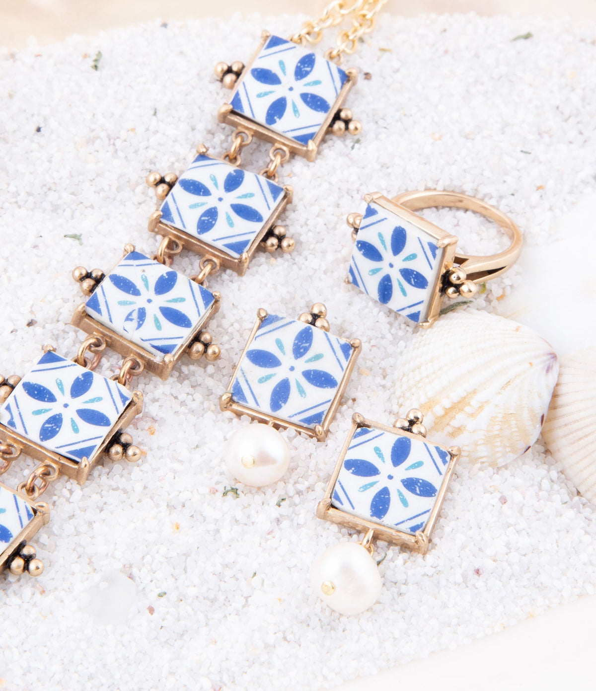 Santorini Blue and White Tile Golden Statement Ring