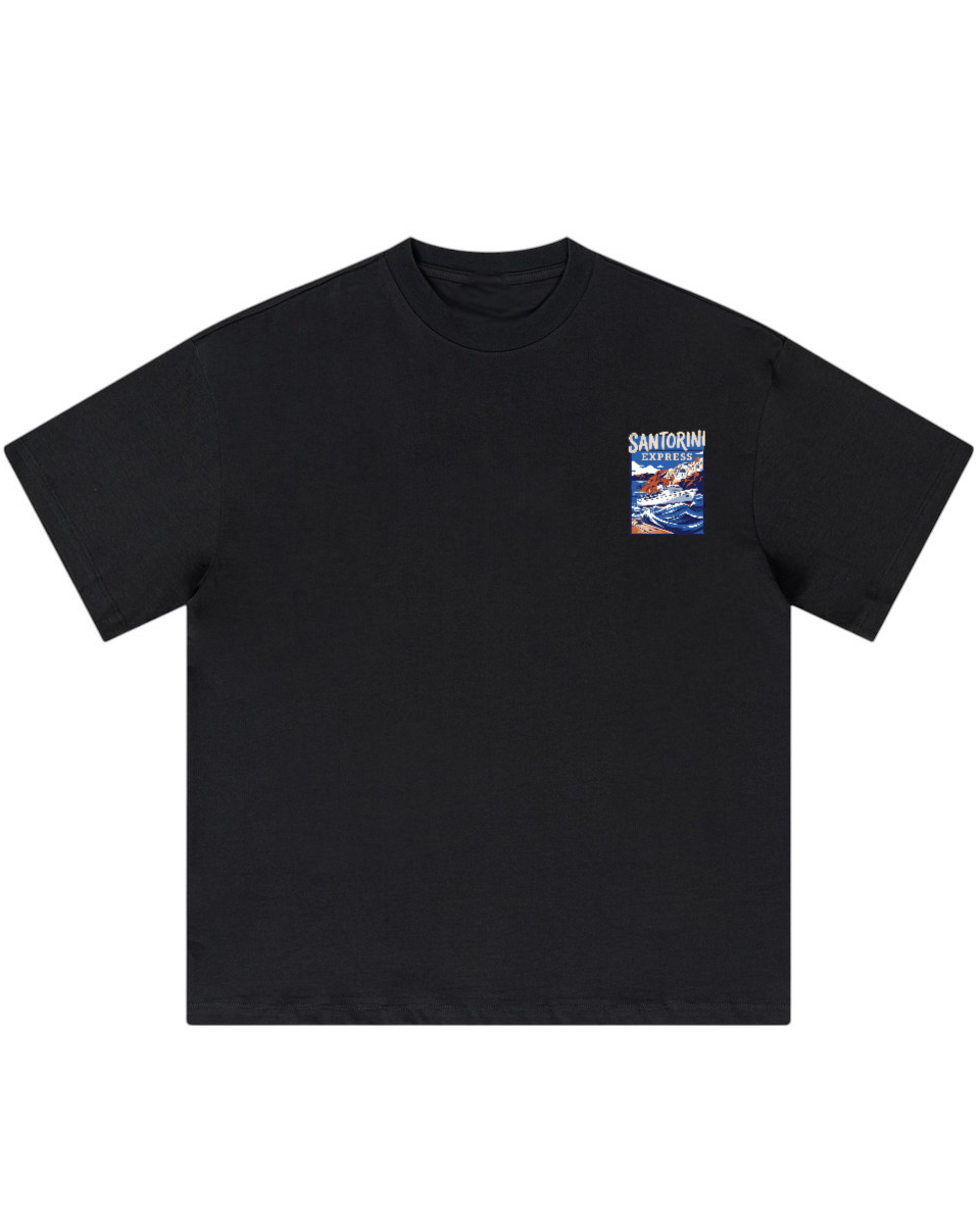 'Santorini Express' Oversized Graphic Tee — Black