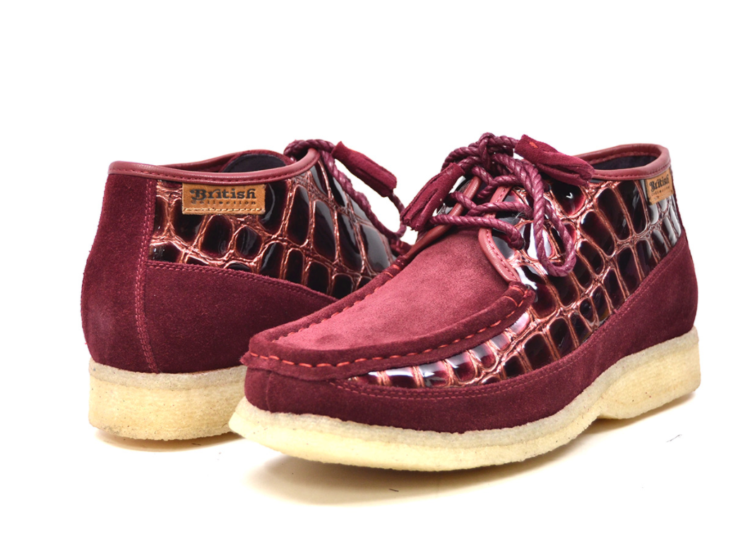 British Collection Knicks Suede and Croc Lace Up Shoe with Crepe Sole - Croc Pattern & Suede - Handmade - Available in Black, Navy, Burgundy