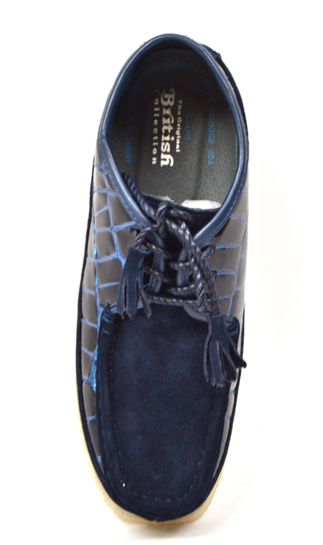 British Collection Knicks Suede and Croc Lace Up Shoe with Crepe Sole - Croc Pattern & Suede - Handmade - Available in Black, Navy, Burgundy