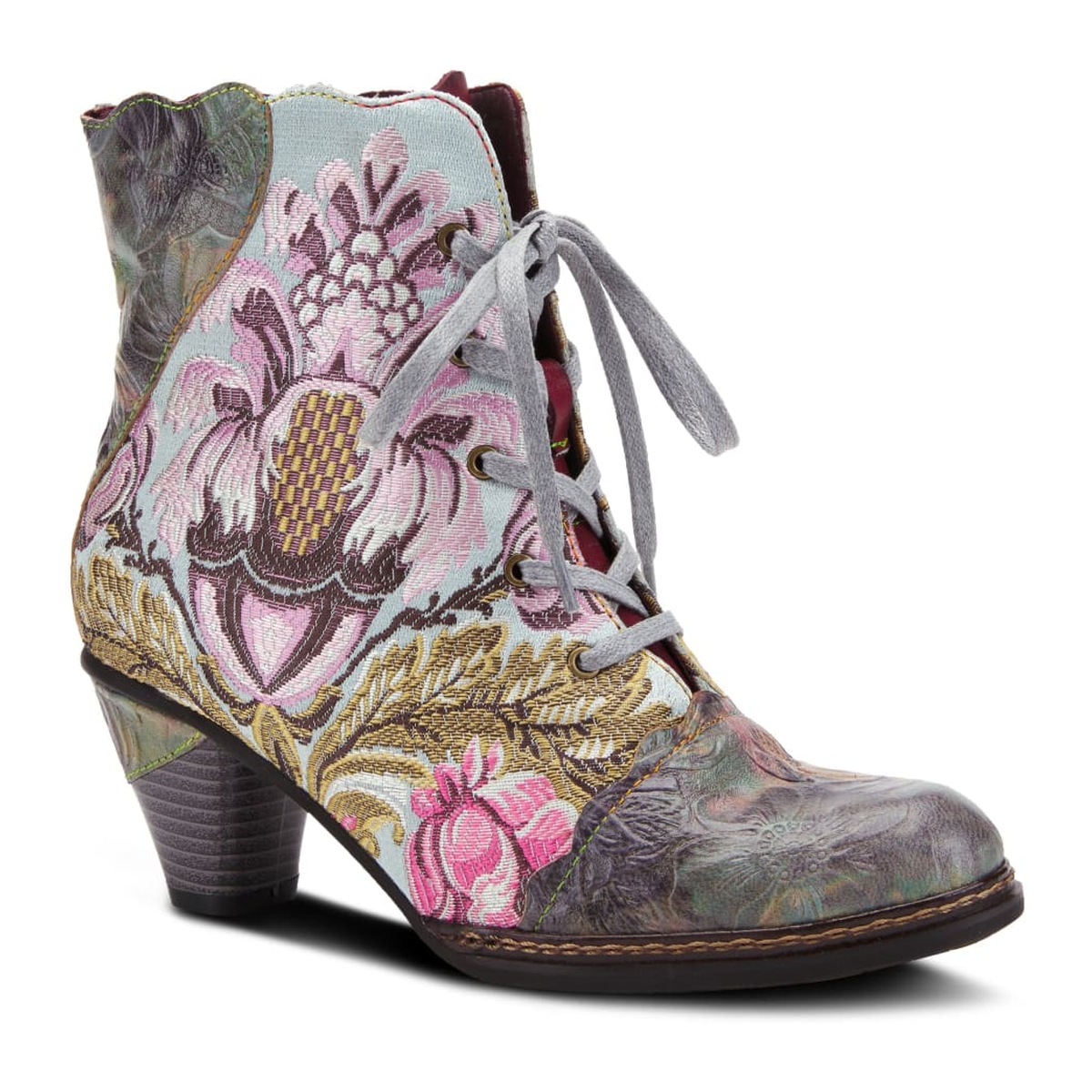 L'Artiste Siren embroidered lace-up ankle boot in Mint Green Multi, front three-quarter view
