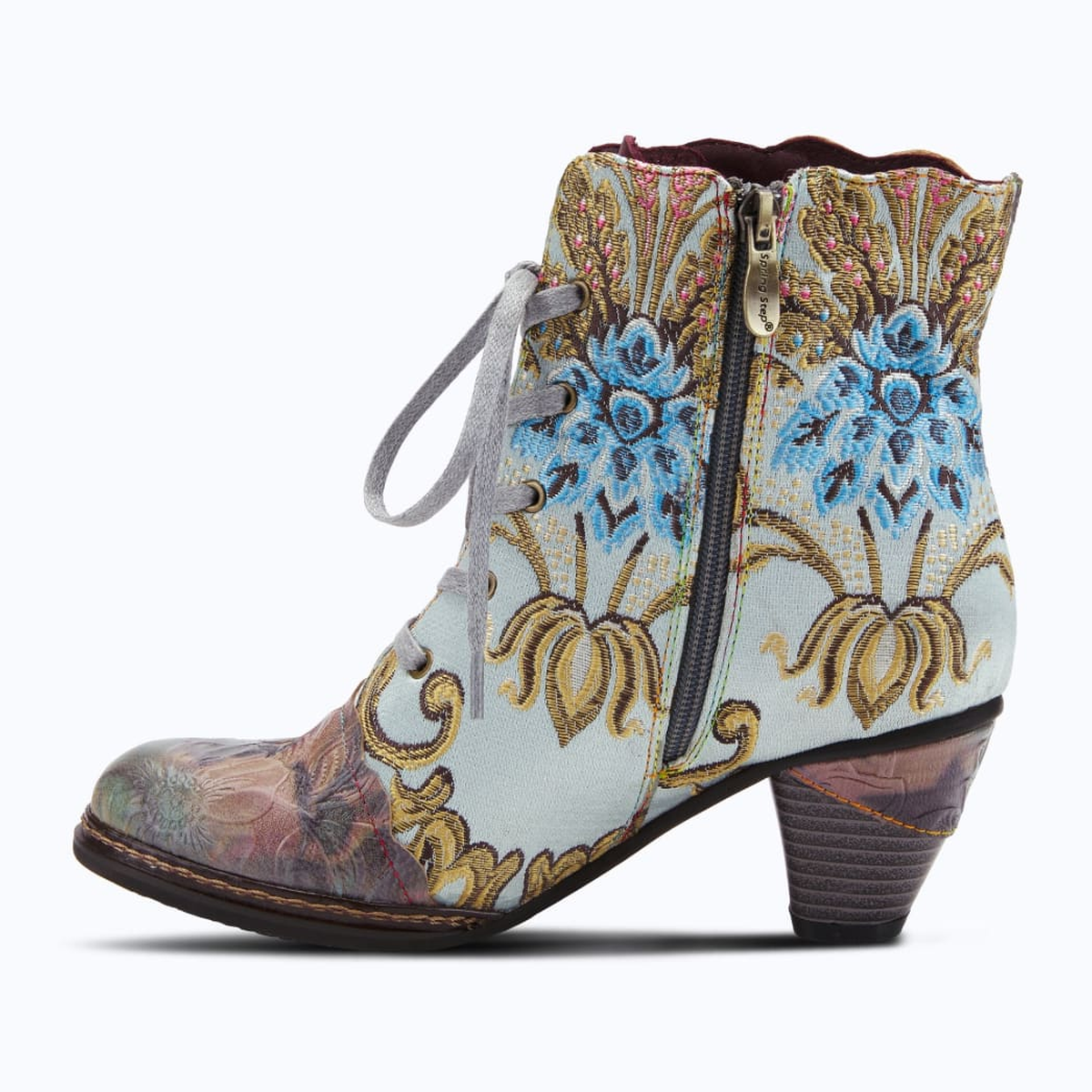 L'Artiste Siren embroidered lace-up ankle boot in Mint Green Multi, inside zipper-side profile view