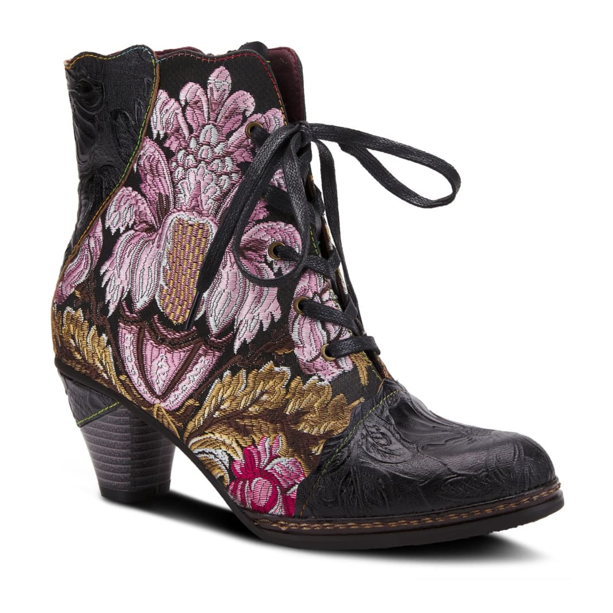 L'Artiste Siren embroidered lace-up ankle boot in Black Multi, front three-quarter view