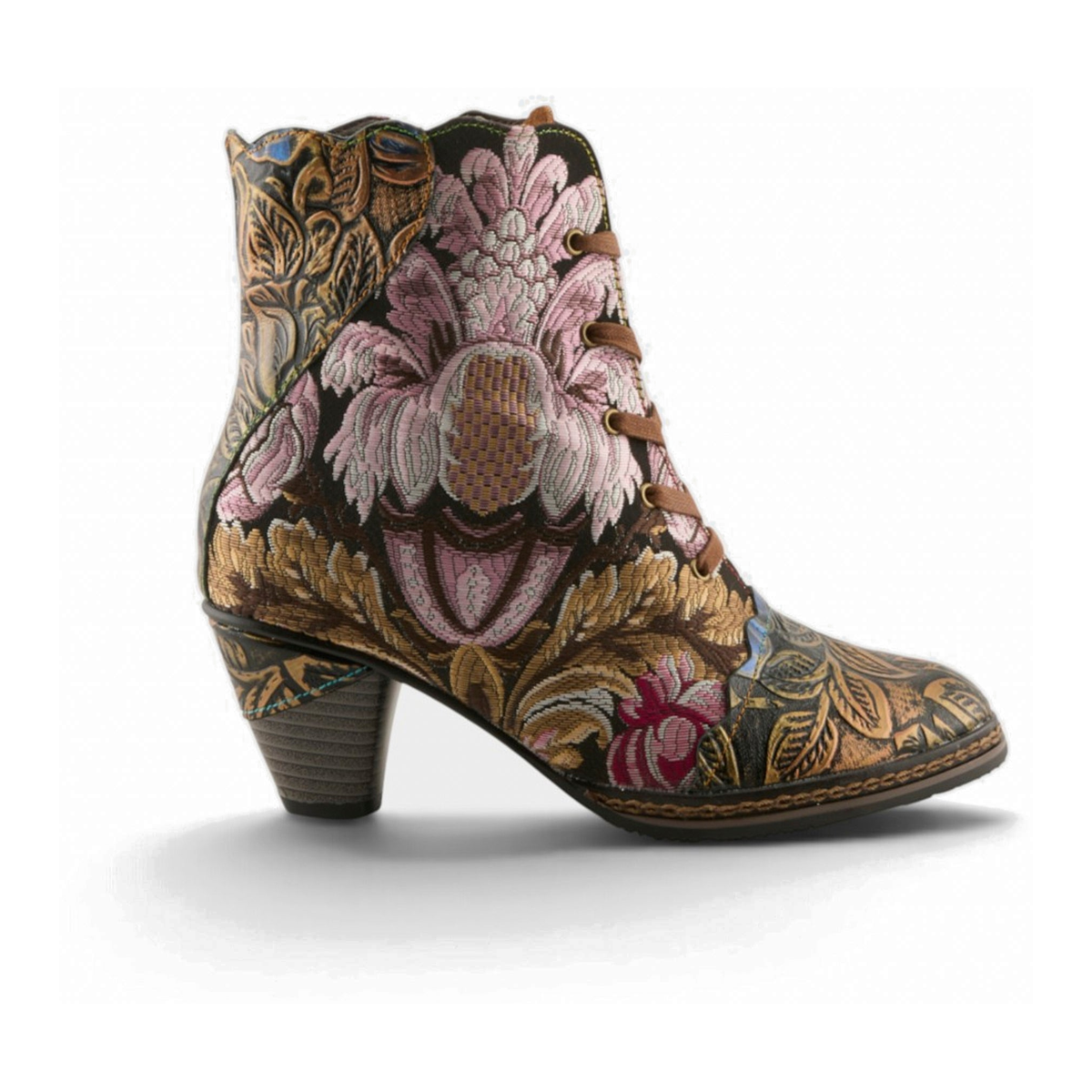L'Artiste Siren embroidered lace-up ankle boot in Bronze Multi, outer-side profile view