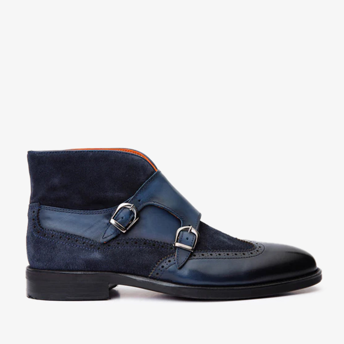Vinci Leather The Albus Navy Blue Leather & Suede Double Strap Monk Brogue Men Boot – product view 1