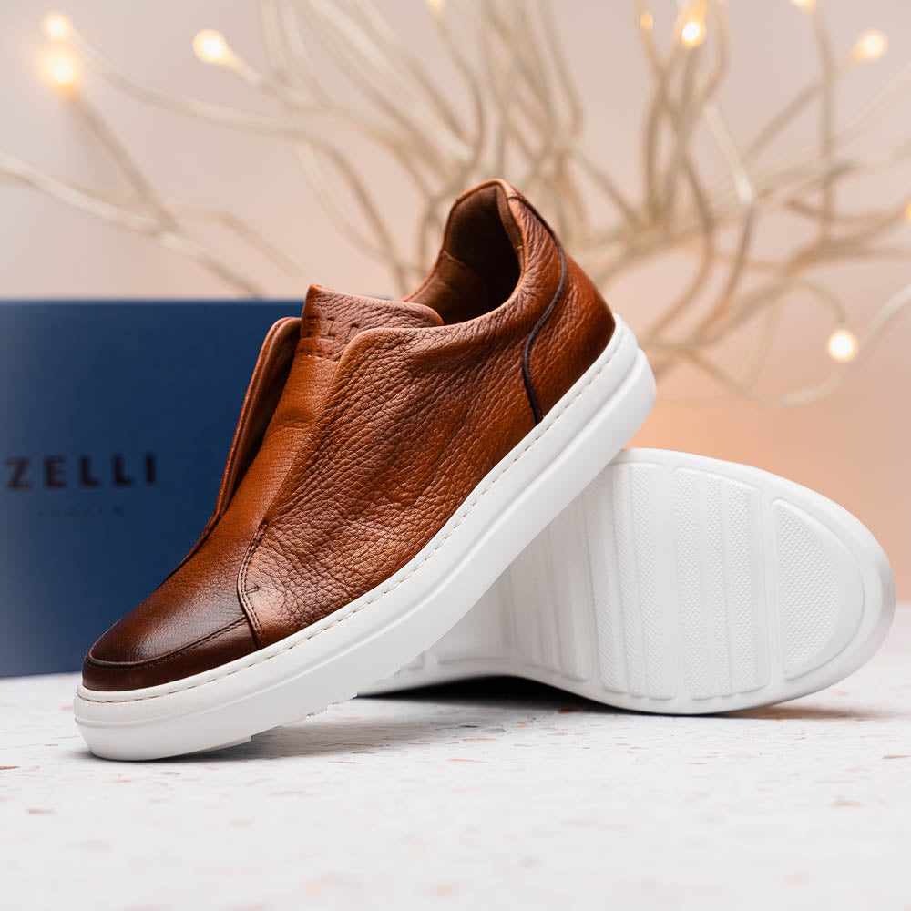 Zelli Italia Men's 65-225-CGN SPETTACOLARE Italian Pebble Grain Calfskin Sneakers Cognac