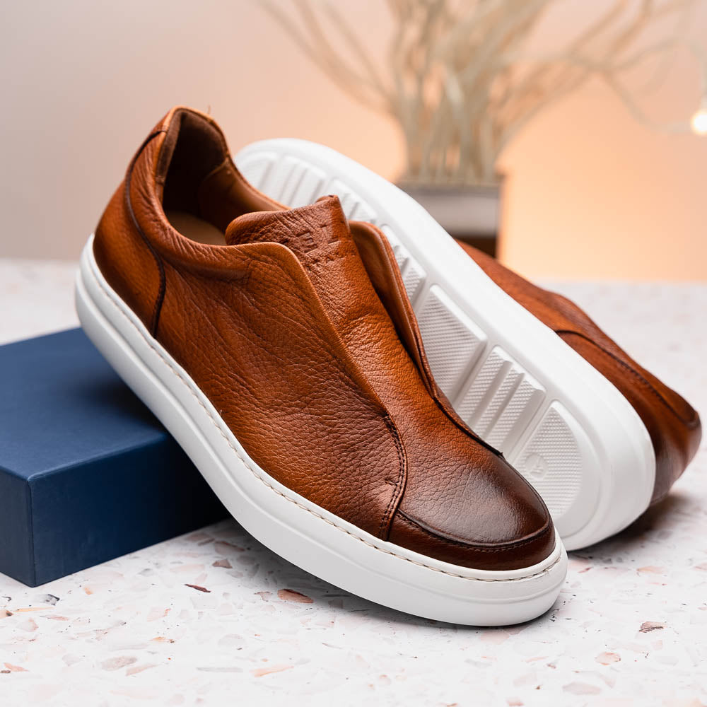 Zelli Italia Men's 65-225-CGN SPETTACOLARE Italian Pebble Grain Calfskin Sneakers Cognac
