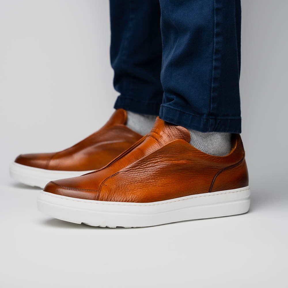 Zelli Italia Men's 65-225-CGN SPETTACOLARE Italian Pebble Grain Calfskin Sneakers Cognac