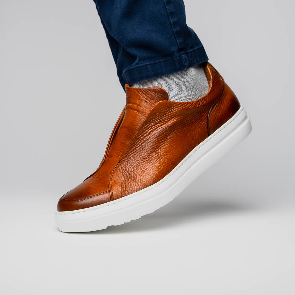 Zelli Italia Men's 65-225-CGN SPETTACOLARE Italian Pebble Grain Calfskin Sneakers Cognac