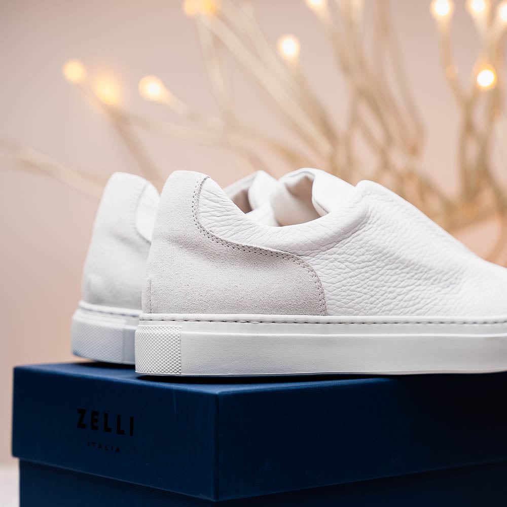 Zelli Italia Men's 65-225-WHT SPETTACOLARE Italian Pebble Grain Calfskin Sneakers White