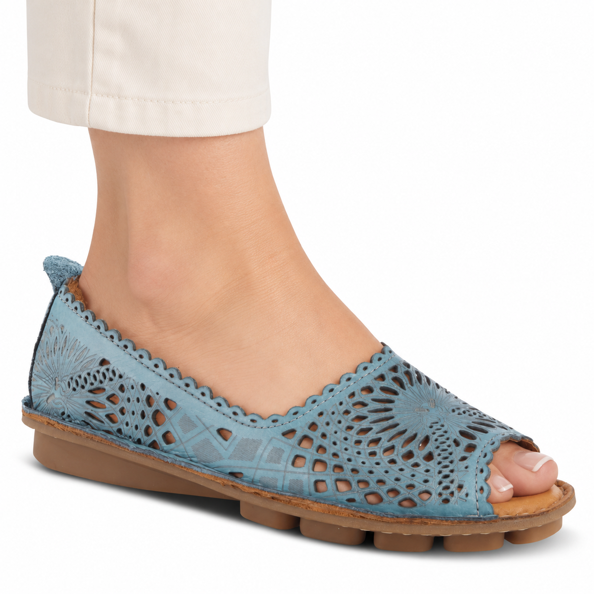 Spring Step Brandal Blue peep-toe flat, on-foot view against white; AI-generated styling illustration