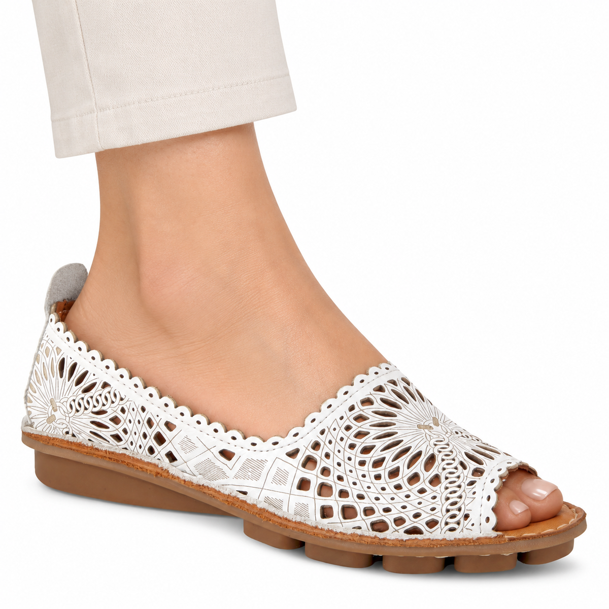 Spring Step Brandal White peep-toe flat, on-foot view against white; AI-generated styling illustration