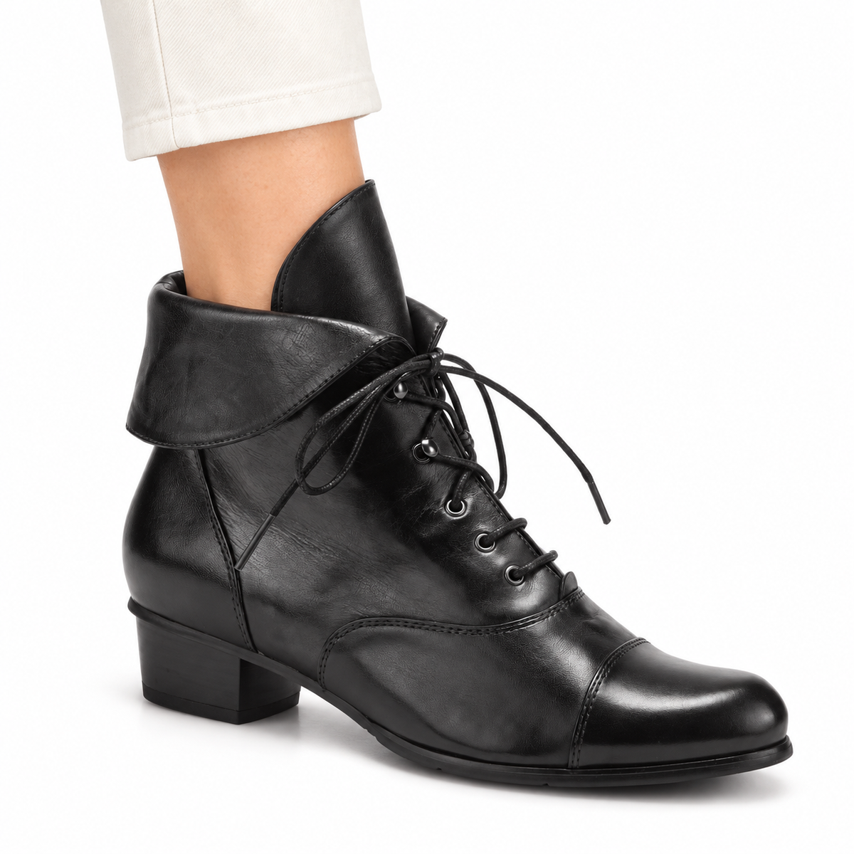 AI-generated on-model styling illustration of a black Spring Step Galil boot on a white background.