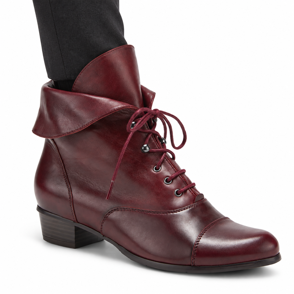 AI-generated on-model styling illustration of a bordeaux Spring Step Galil boot on a white background.