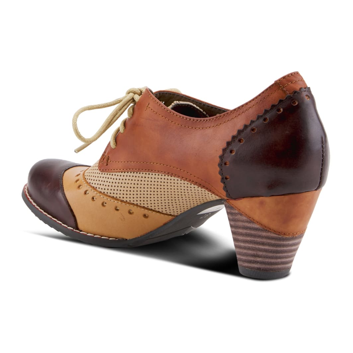 L'Artiste Bardot lace-up heeled shoe in Brown, rear three-quarter view