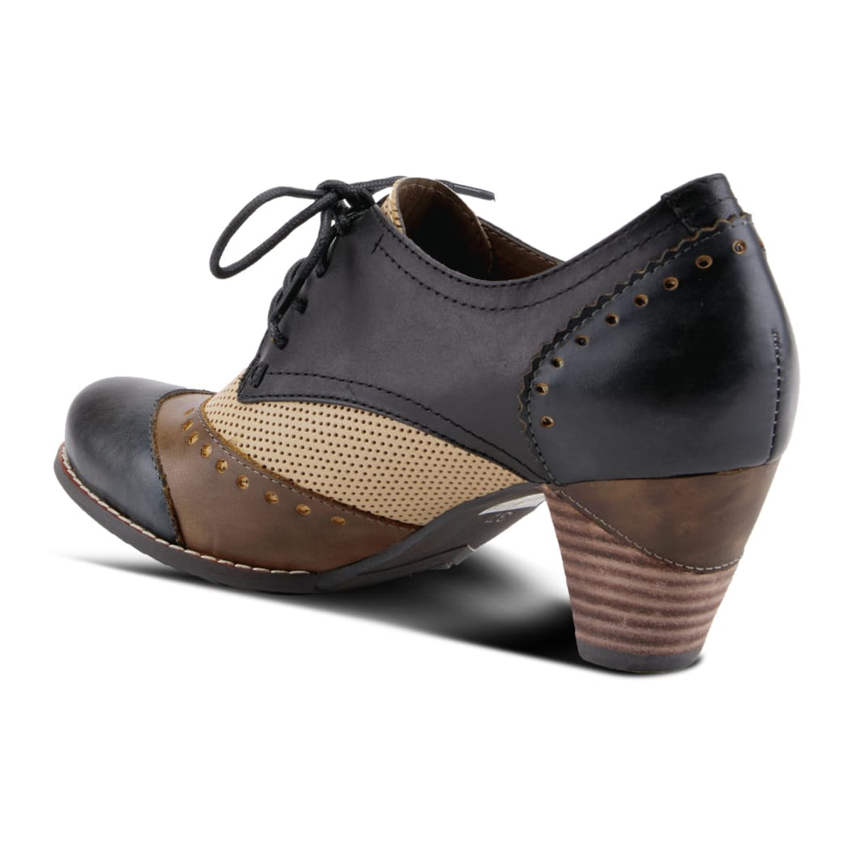L'Artiste Bardot lace-up heeled shoe in Navy, rear three-quarter view