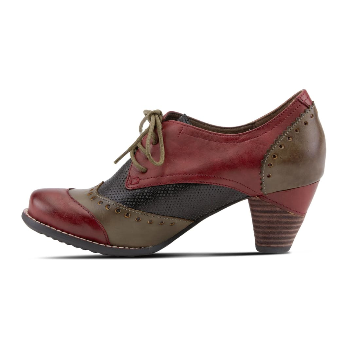L'Artiste Bardot lace-up heeled shoe in Red, left-facing side profile view